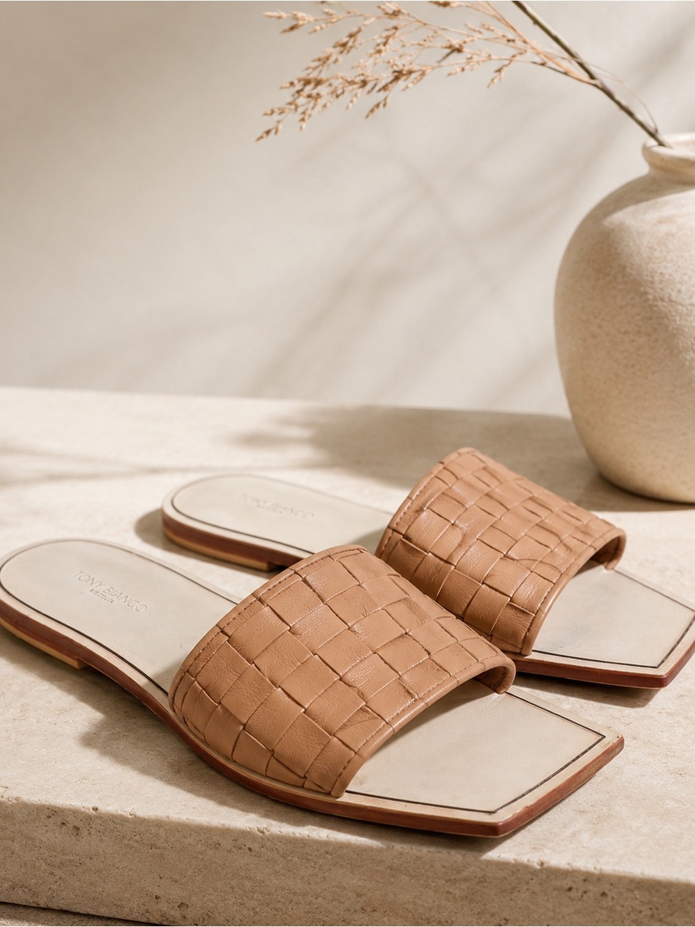 Tony Bianco Australia Woven Leather Slide Sandals Nude Tan Square Slides 8